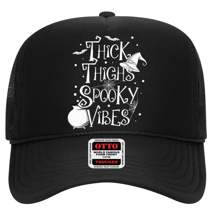 Thick Thighs Spooky Vibes Halloween Party Gym Workout Witch High Crown Mesh Trucker Hat