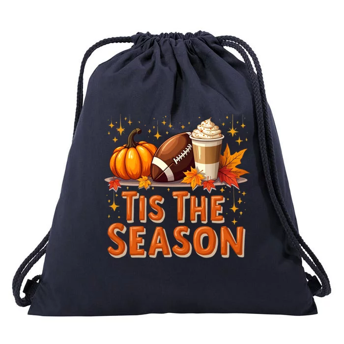 Tis The Season Fall Autumn Football Pumpkin Coffee Leaves Funny Gift Drawstring Bag