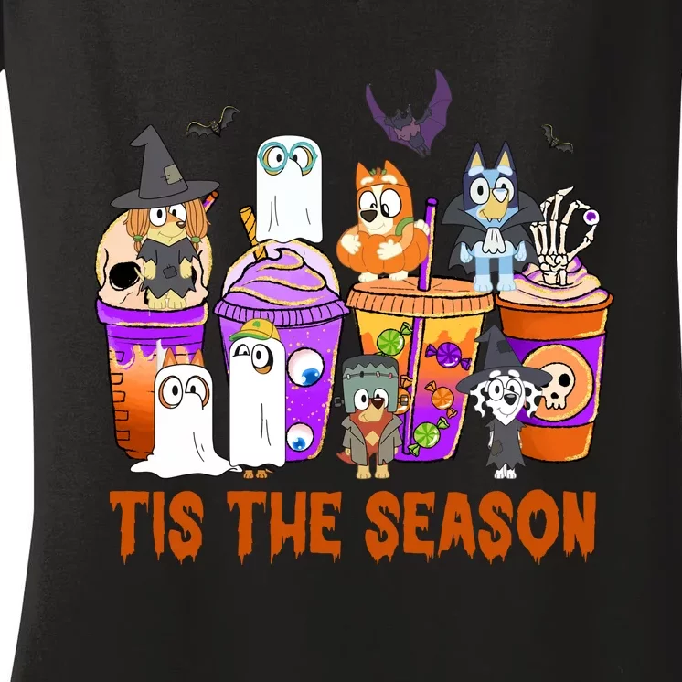 Tis The Season Funny Coffee Drink Dog Halloween Witch Dracula Skeleton Women's V-Neck T-Shirt