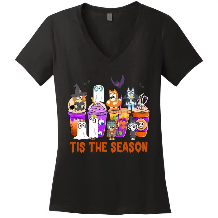 Tis The Season Funny Coffee Drink Dog Halloween Witch Dracula Skeleton Women's V-Neck T-Shirt