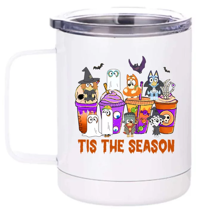 Tis The Season Funny Coffee Drink Dog Halloween Witch Dracula Skeleton Front & Back 12oz Stainless Steel Tumbler Cup