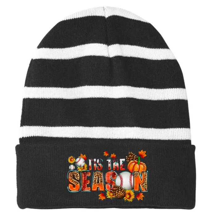 Tis The Season Baseball Fall Season Thanksgiving Pumpkin Striped Beanie with Solid Band