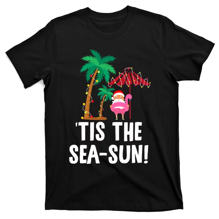 Tis the SeaSun Tropical Christmas Season Santa Flamingo Fan T-Shirt