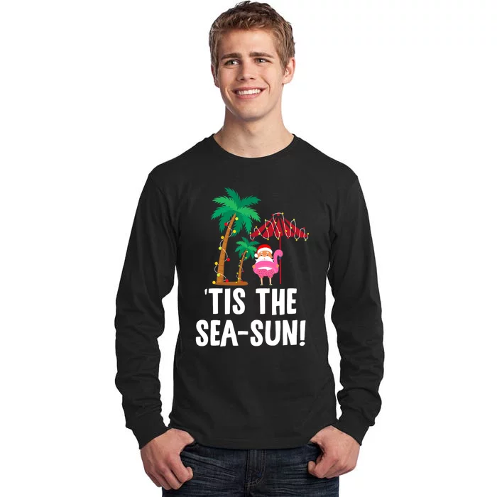 Tis the SeaSun Tropical Christmas Season Santa Flamingo Fan Tall Long Sleeve T-Shirt