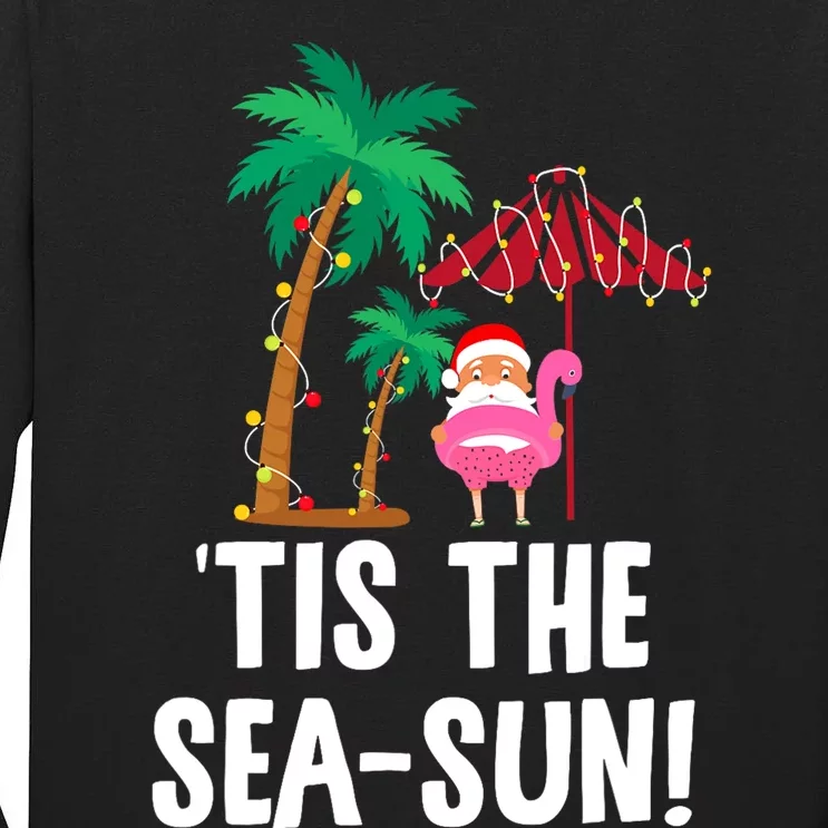 Tis the SeaSun Tropical Christmas Season Santa Flamingo Fan Tall Long Sleeve T-Shirt