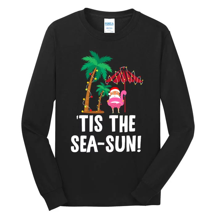 Tis the SeaSun Tropical Christmas Season Santa Flamingo Fan Tall Long Sleeve T-Shirt