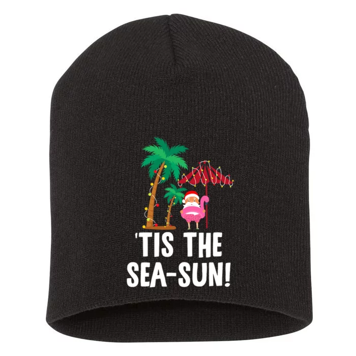 Tis the SeaSun Tropical Christmas Season Santa Flamingo Fan Short Acrylic Beanie