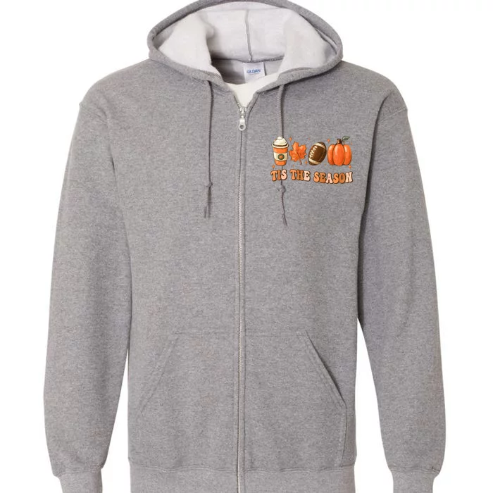 Tis The Season Pumpkin Leaf Latte Fall Thanksgiving Football Full Zip Hoodie