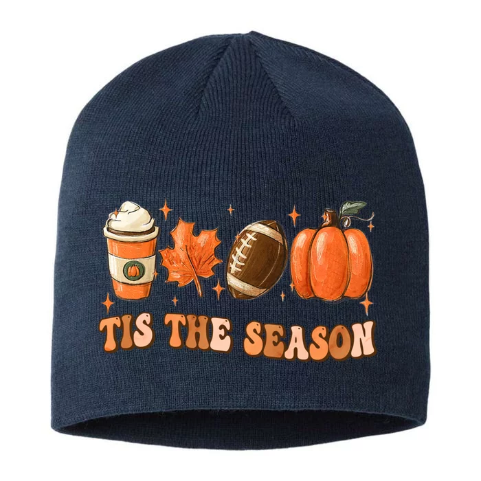 Tis The Season Pumpkin Leaf Latte Fall Thanksgiving Football 8 1/2in Sustainable Knit Beanie