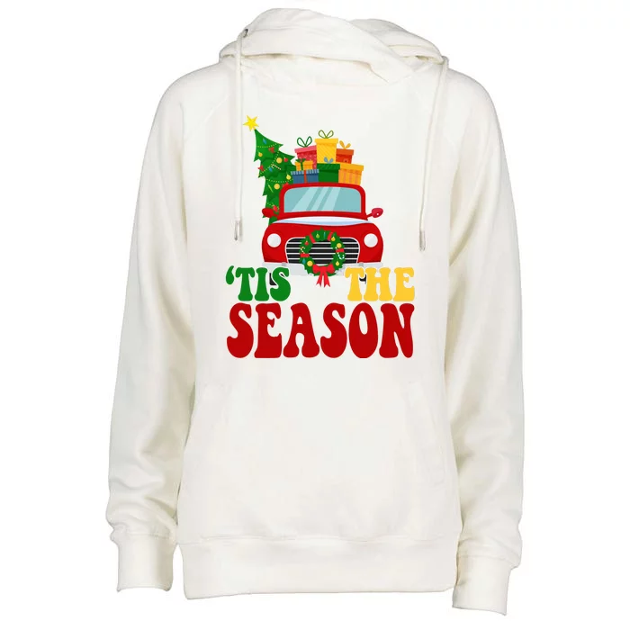 Tis The Season Jolly Christmas Truck Womens Funnel Neck Pullover Hood