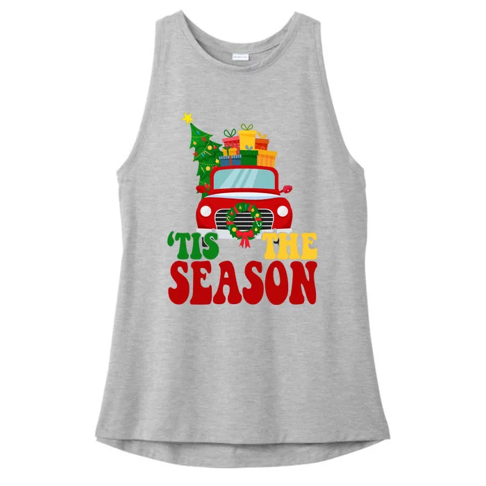 Tis The Season Jolly Christmas Truck Ladies Tri-Blend Wicking Tank