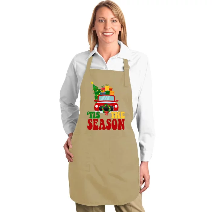 Tis The Season Jolly Christmas Truck Full-Length Apron With Pocket