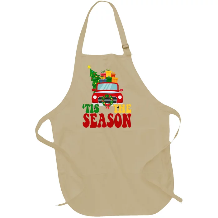 Tis The Season Jolly Christmas Truck Full-Length Apron With Pocket