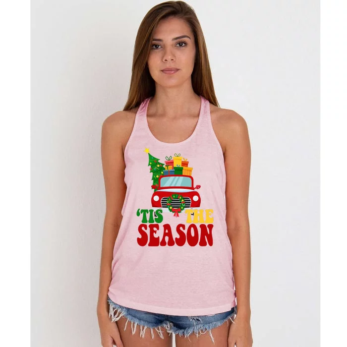 Tis The Season Jolly Christmas Truck Women's Knotted Racerback Tank