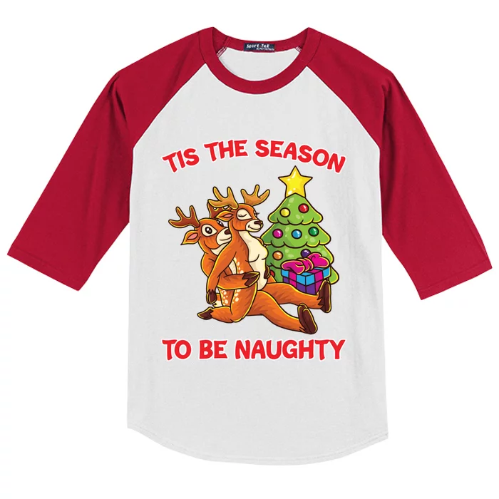 Tis The Season To Be Naughty Humping Reindeer Love Couple Gift Kids Colorblock Raglan Jersey