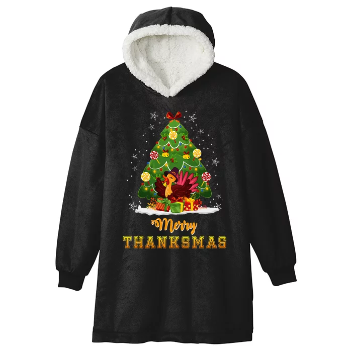 Turkey Tree Santa Merry Thanksmas Christmas Thanksgiving Hooded Wearable Blanket