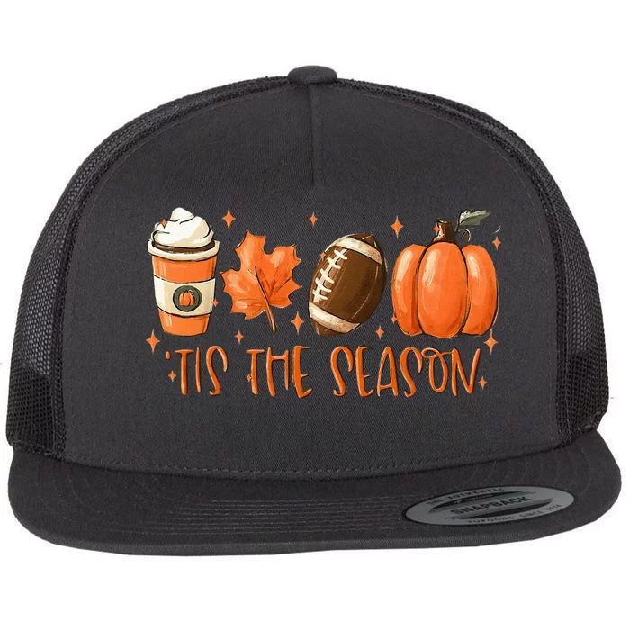 Tis The Season Football Coffee Latte Leaves Hello Pumpkin Flat Bill Trucker Hat