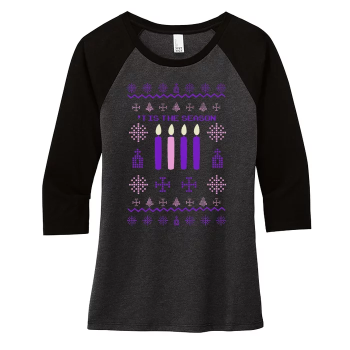 Tis The Season Ugly Sweater Christmas Xmas Advent Catholic Women's Tri-Blend 3/4-Sleeve Raglan Shirt