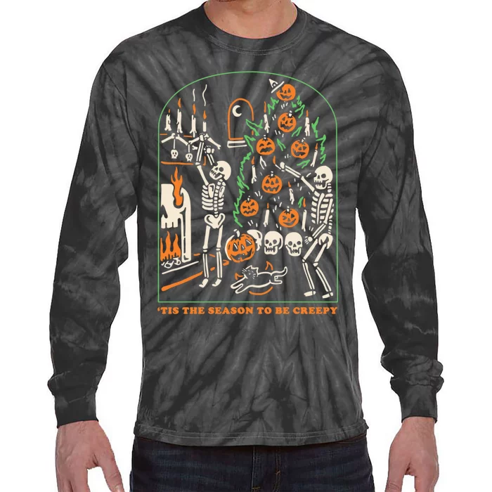 Tis The Season to Be Creepy Skeleton Halloween Spooky Season Tie-Dye Long Sleeve Shirt