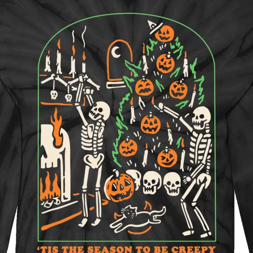 Tis The Season to Be Creepy Skeleton Halloween Spooky Season Tie-Dye Long Sleeve Shirt