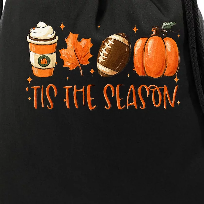 Tis The Season Pumpkin Leaf Latte Fall Thanksgiving Football Drawstring Bag