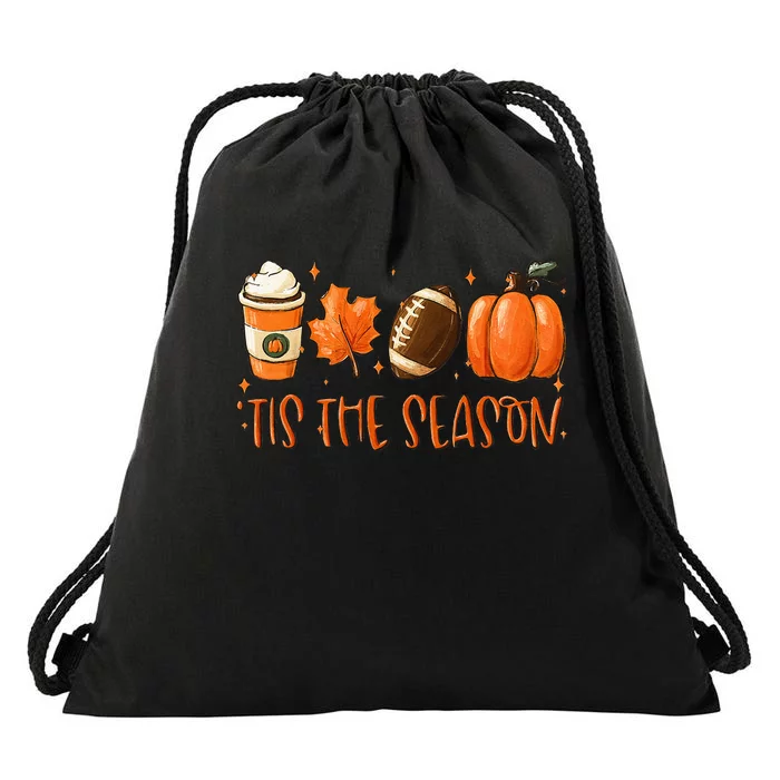 Tis The Season Pumpkin Leaf Latte Fall Thanksgiving Football Drawstring Bag