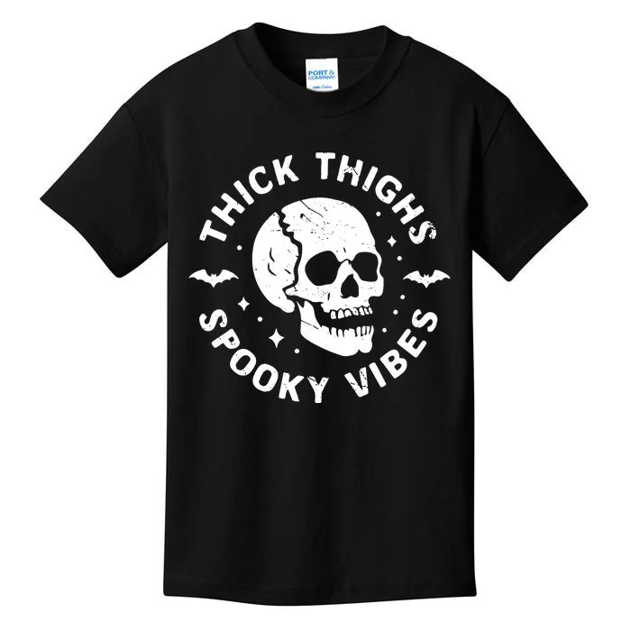 Thick Thighs Spooky Vibes Skull Funny Halloween Kids T-Shirt