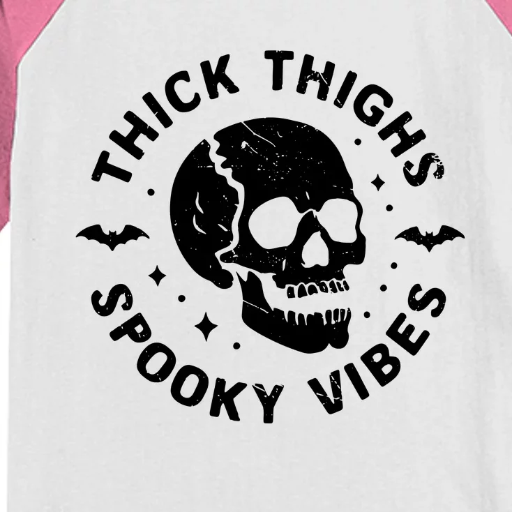 Thick Thighs Spooky Vibes Skull Funny Halloween Kids Colorblock Raglan Jersey