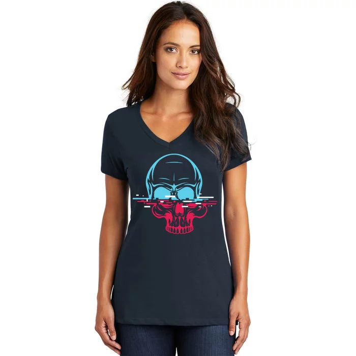 Two Tone Skull With Distortion Women's V-Neck T-Shirt