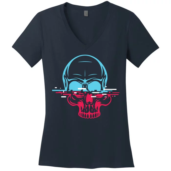 Two Tone Skull With Distortion Women's V-Neck T-Shirt