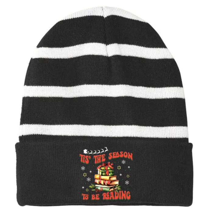 Tis The Season To Be Reading Librarian Christmas Tree Striped Beanie with Solid Band