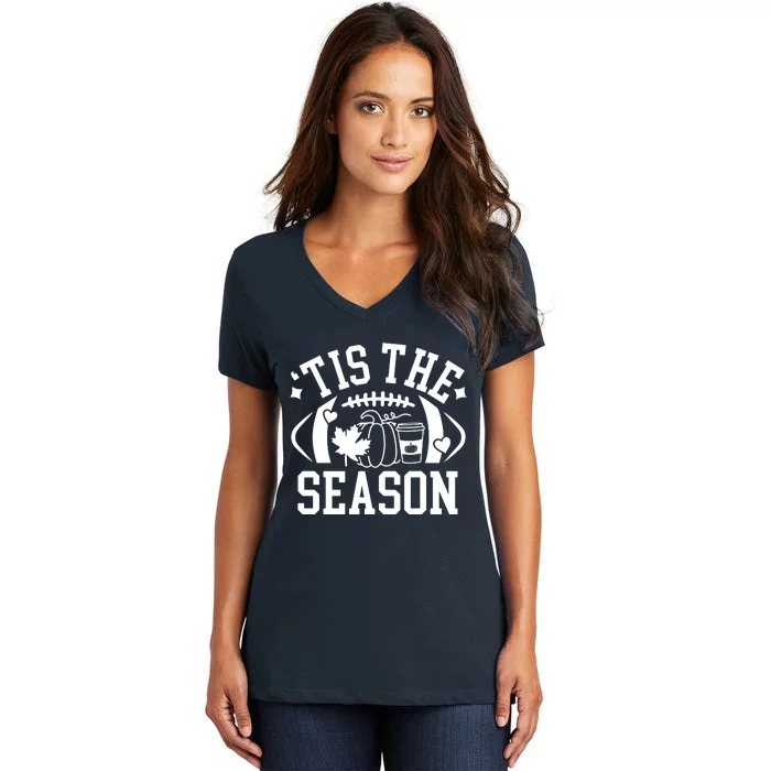 Tis The Season Football Fall Pumpkin Latte Women's V-Neck T-Shirt