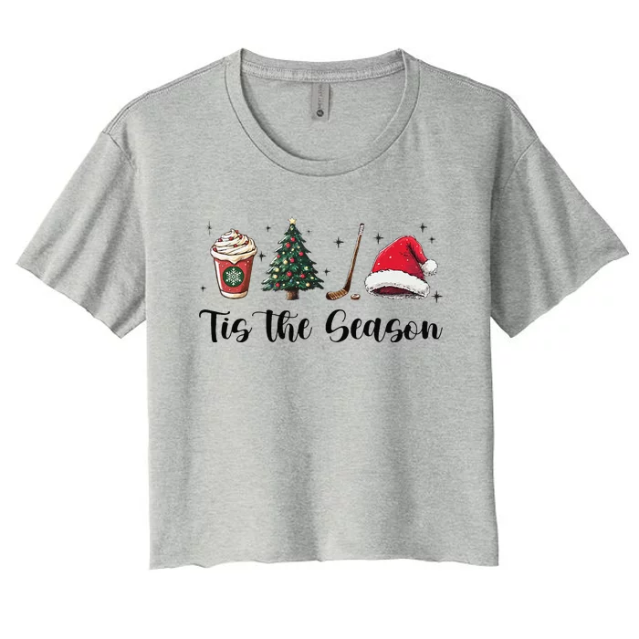 Tis The Season Hockey Coffee Santa Hat Christmas Women Women's Crop Top Tee