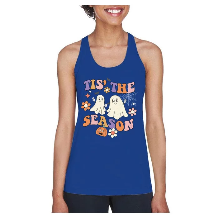 Tis The Season Halloween Groovy Vintage Retro Floral Ghost Gift Women's Racerback Tank