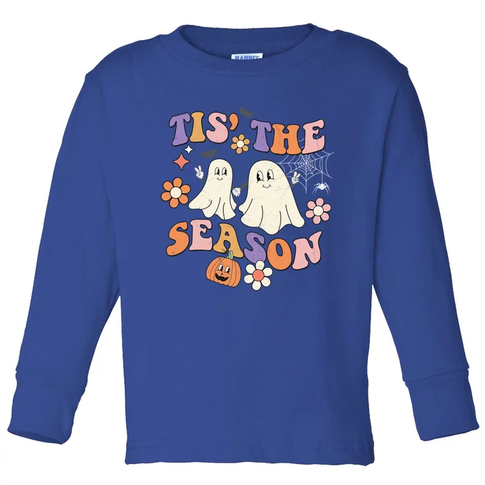 Tis The Season Halloween Groovy Vintage Retro Floral Ghost Gift Toddler Long Sleeve Shirt