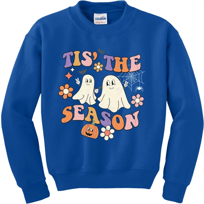 Tis The Season Halloween Groovy Vintage Retro Floral Ghost Gift Kids Sweatshirt