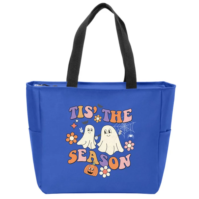 Tis The Season Halloween Groovy Vintage Retro Floral Ghost Gift Zip Tote Bag