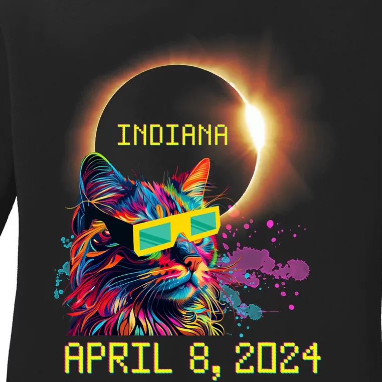 Totality Total Solar Eclipse Cat April 8 2024 Indiana Ladies Long Sleeve Shirt