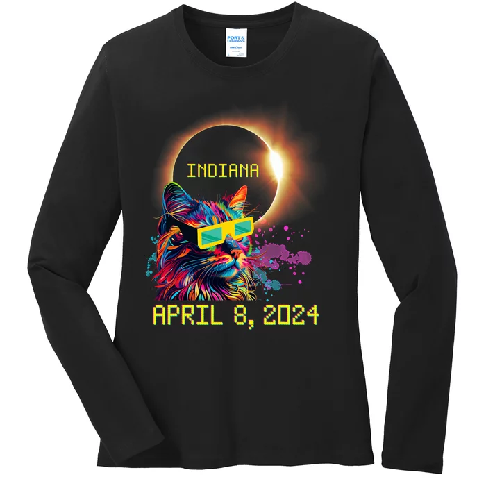 Totality Total Solar Eclipse Cat April 8 2024 Indiana Ladies Long Sleeve Shirt