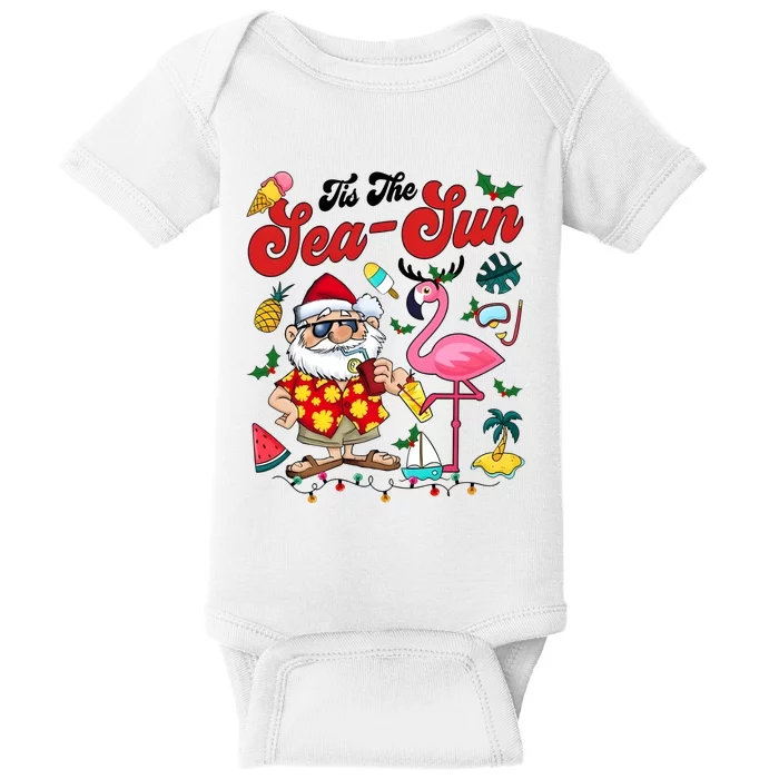 Tis The Sea Sun Santa Christmas In July Flamingo Baby Bodysuit