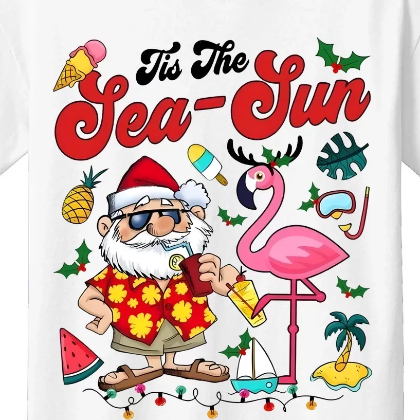 Tis The Sea Sun Santa Christmas In July Flamingo Kids T-Shirt