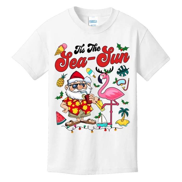 Tis The Sea Sun Santa Christmas In July Flamingo Kids T-Shirt