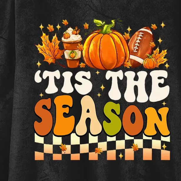 Tis The Season Thanksgiving Fall Football Pumpkin Leaf Coffe Hooded Wearable Blanket