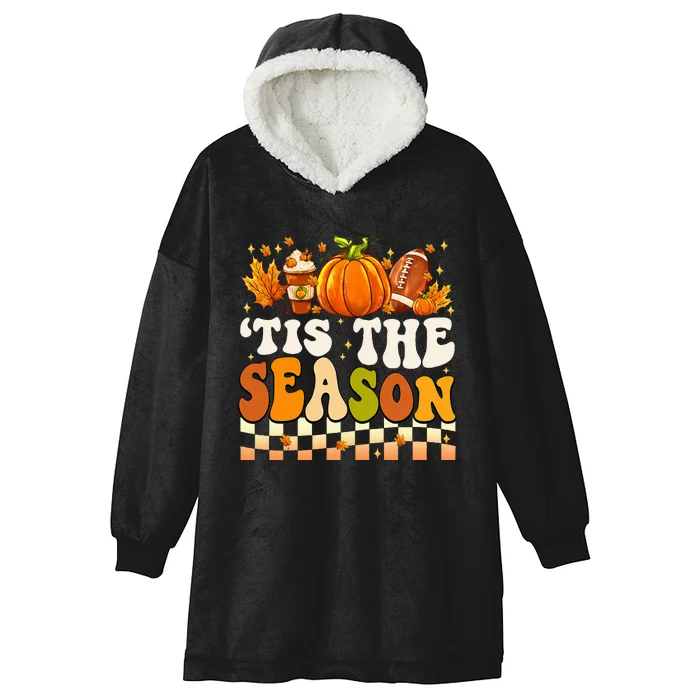 Tis The Season Thanksgiving Fall Football Pumpkin Leaf Coffe Hooded Wearable Blanket