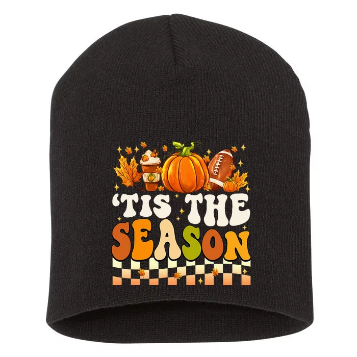 Tis The Season Thanksgiving Fall Football Pumpkin Leaf Coffe Short Acrylic Beanie