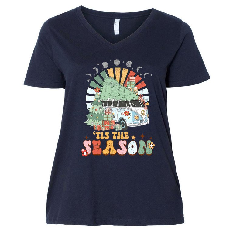 Tis' The Season Merry Camper Christmas Tree RV Camping Xmas Women's V-Neck Plus Size T-Shirt