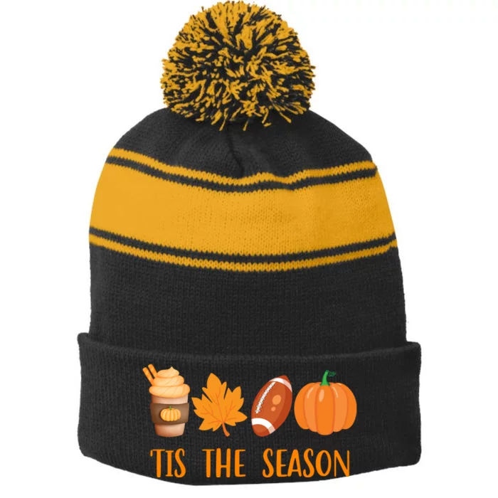 Tis The Season Festive Fall Lover Stripe Pom Pom Beanie