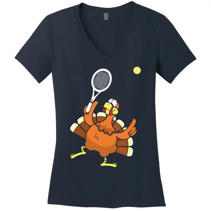 Turkey Tennis Sunset Retro Thanksgiving Sport Women's V-Neck T-Shirt