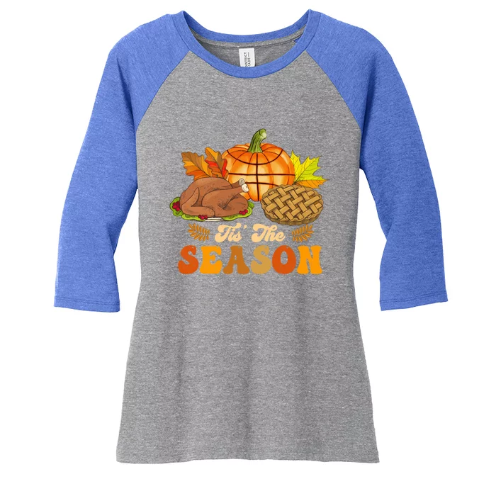 Tis The Season Pumpkin Basketball Turkey Vintage Groovy Gift Women's Tri-Blend 3/4-Sleeve Raglan Shirt