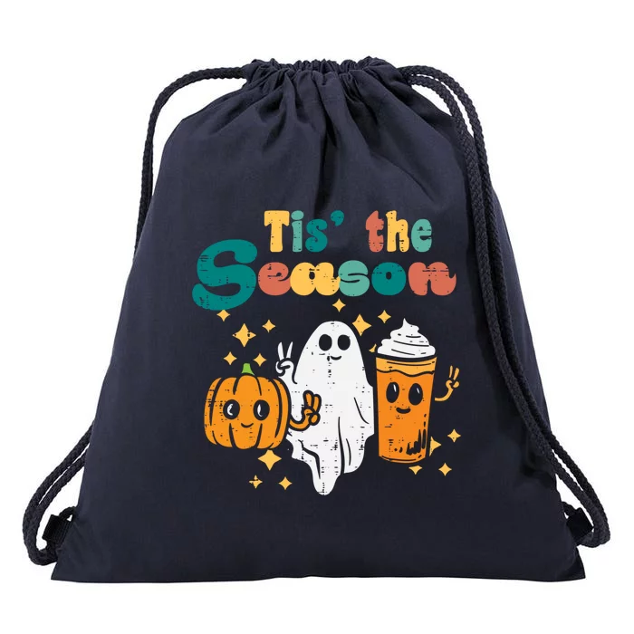 Tis The Season Pumpkin Ghost Latte Retro Halloween Fall Gift Drawstring Bag